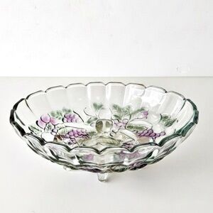 Indiana Glass Oval Footed Scalloped Bowl Mid Century Iridescent Grapes Leaves